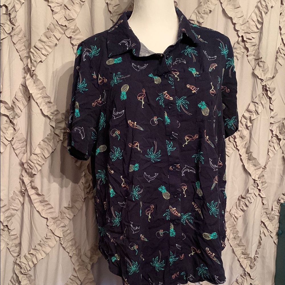 Torrid Navy Short-Sleeved Button Down Shirt with Fun Flamingo Print